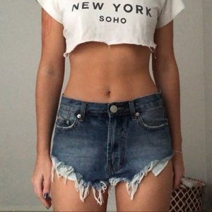 Distressed denim shorts